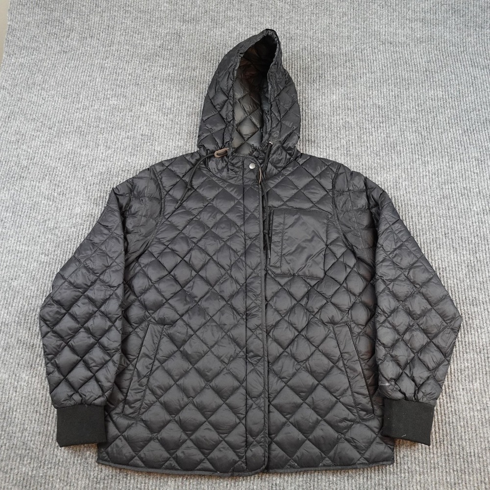Eddie Bauer Down Jacket Womens Medium Black Hooded Quilted Puffer Full Zip